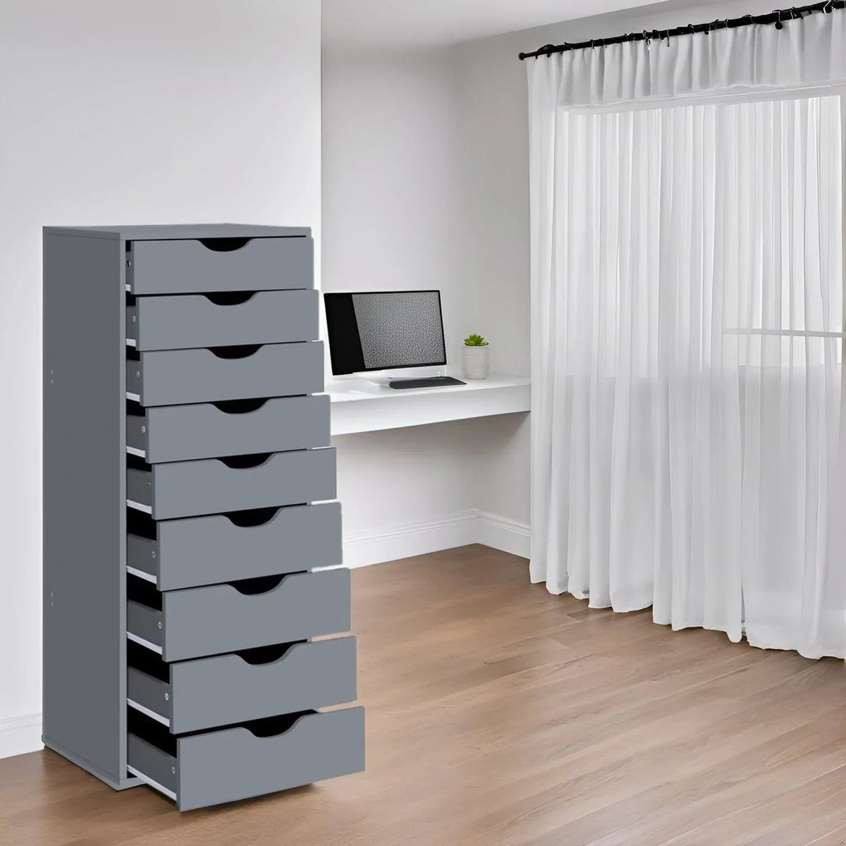 Meuble étroit en bois à 9 tiroirs avec coulisses fluides et étagère de rangement supérieure