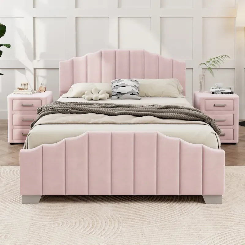 Lit plateforme en velours capitonné avec tête et pied de lit, aucun sommier tapissier requis