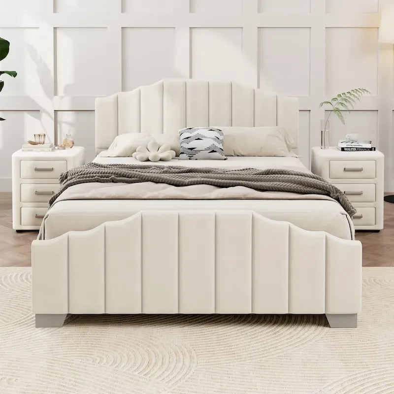 Lit plateforme en velours capitonné avec tête et pied de lit, aucun sommier tapissier requis