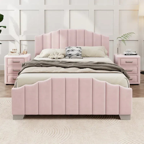 Lit plateforme en velours capitonné avec tête et pied de lit, aucun sommier tapissier requis