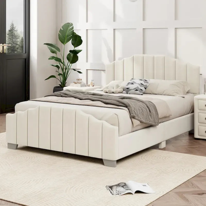 Lit plateforme en velours capitonné avec tête et pied de lit, aucun sommier tapissier requis
