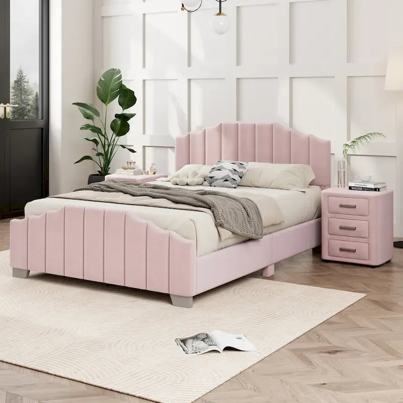 Lit plateforme en velours capitonné avec tête et pied de lit, aucun sommier tapissier requis