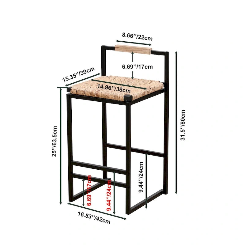 Tabouret de bar à hauteur de comptoir en jacinthe d'eau naturelle tressée et piétement en métal noir