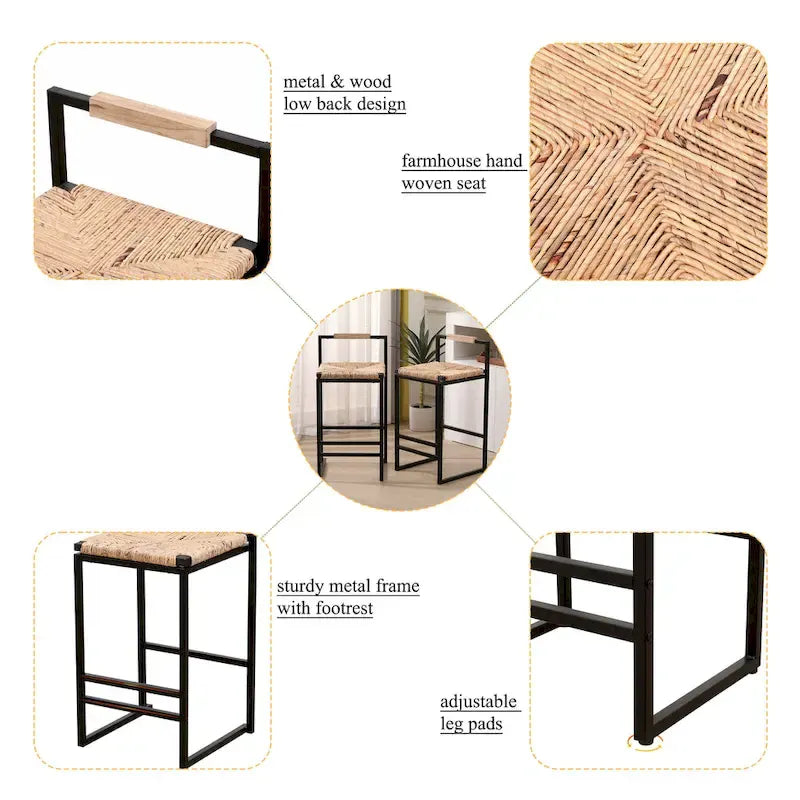 Tabouret de bar à hauteur de comptoir en jacinthe d'eau naturelle tressée et piétement en métal noir