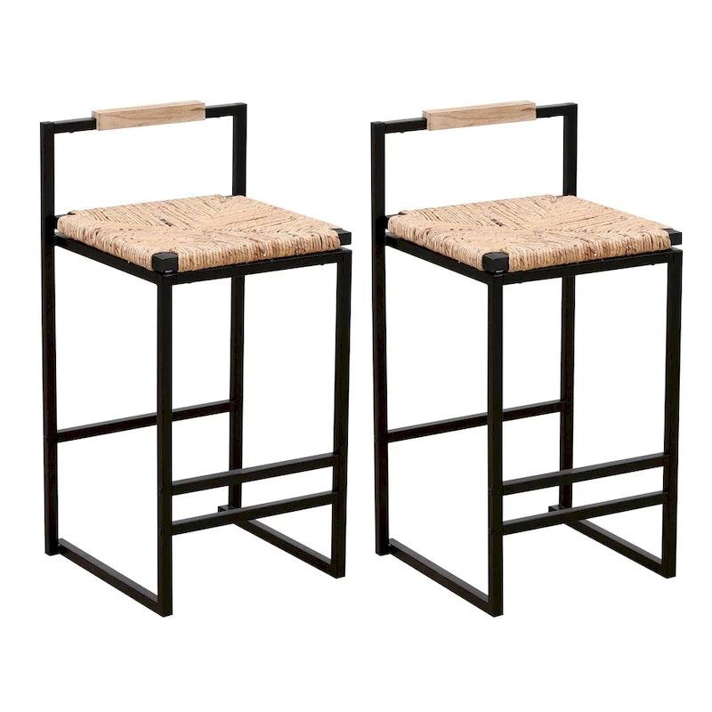 Tabouret de bar à hauteur de comptoir en jacinthe d'eau naturelle tressée et piétement en métal noir