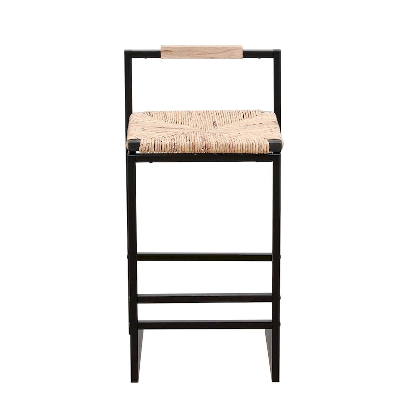 Tabouret de bar à hauteur de comptoir en jacinthe d'eau naturelle tressée et piétement en métal noir