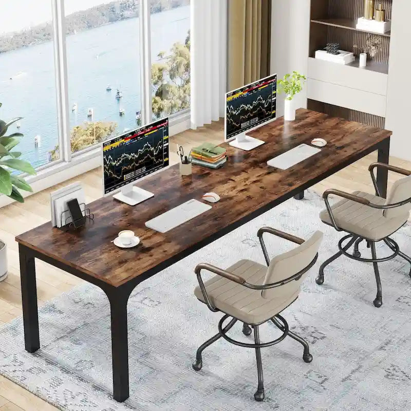 Bureau d'ordinateur extra long deux personnes, plateau en MDF robuste, cadre en métal