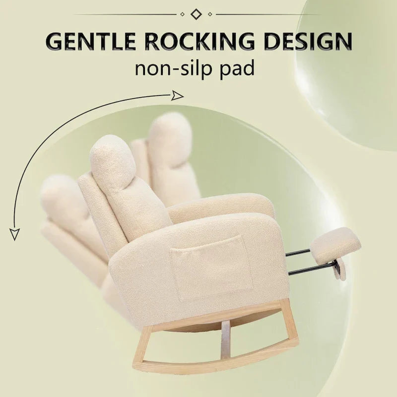 Fauteuil à bascule moderne à dossier haut rembourré de 29,5 po avec pieds en bois massif et repose-pieds réglable