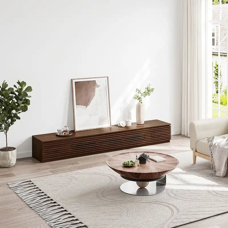 Meuble TV minimaliste avec tiroirs, console multimédia en bois massif avec placards, porte abattante, placage noyer, entièrement assemblé