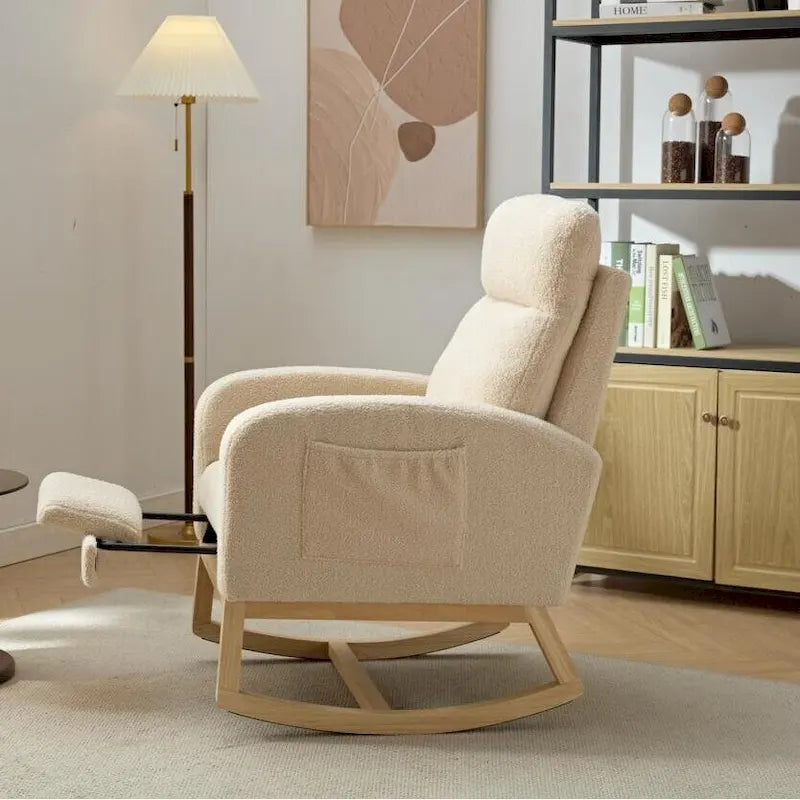Fauteuil à bascule moderne à dossier haut rembourré de 29,5 po avec pieds en bois massif et repose-pieds réglable