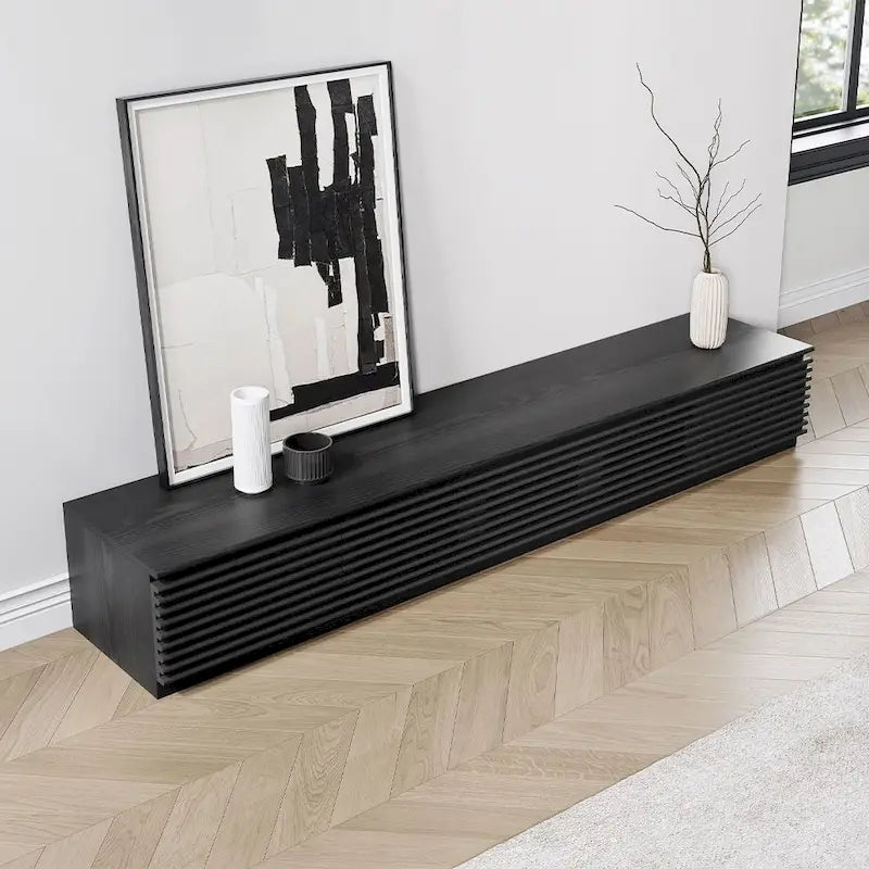 Meuble TV minimaliste avec tiroirs, console multimédia en bois massif avec placards, porte abattante, placage noyer, entièrement assemblé