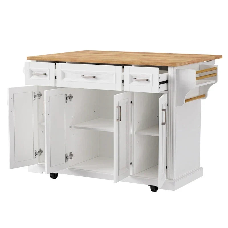 Grand îlot de cuisine avec abattant en bois, desserte à roulettes avec texture en relief, portes, tiroirs et rangement pour cuisine, blanc