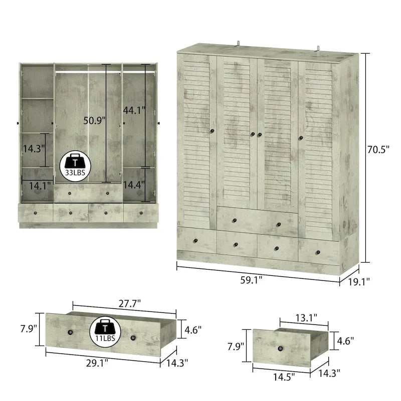 Armoire-penderie autoportante 59 po de large, grand format, blanche