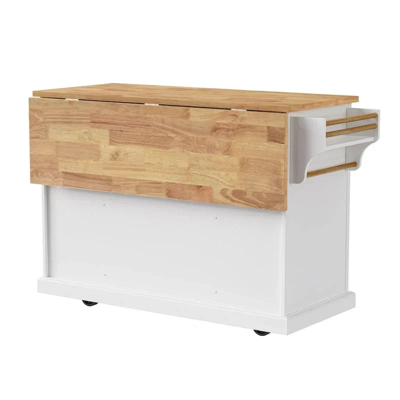 Grand îlot de cuisine avec abattant en bois, desserte à roulettes avec texture en relief, portes, tiroirs et rangement pour cuisine, blanc
