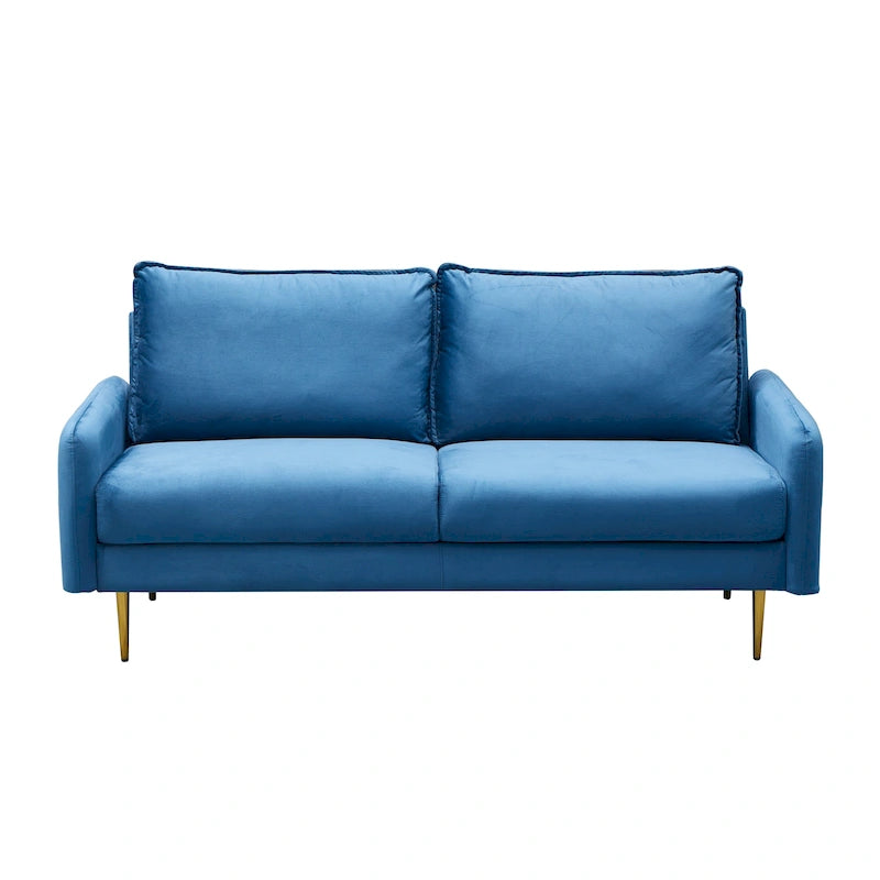 Canapé en velours avec accoudoirs carrés, deux coussins d'assise, pieds en métal doré, 178 cm