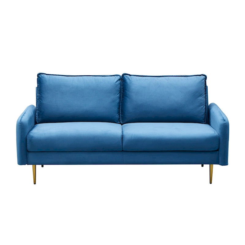 Canapé en velours avec accoudoirs carrés, deux coussins d'assise, pieds en métal doré, 178 cm