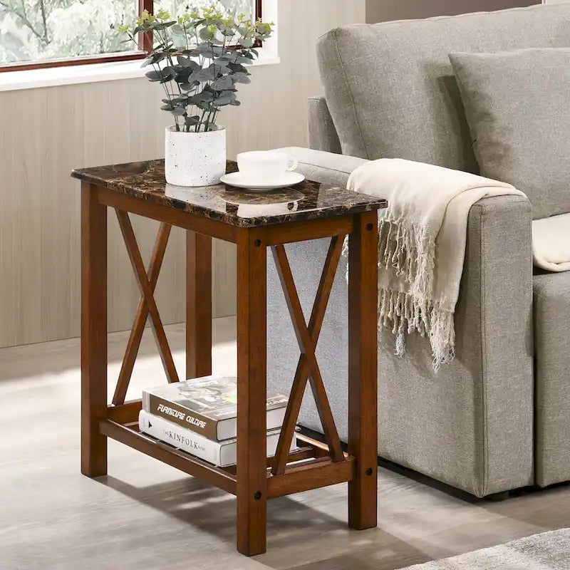 Table d'appoint de ferme avec accents en X, étagère inférieure à lattes en bois MDF