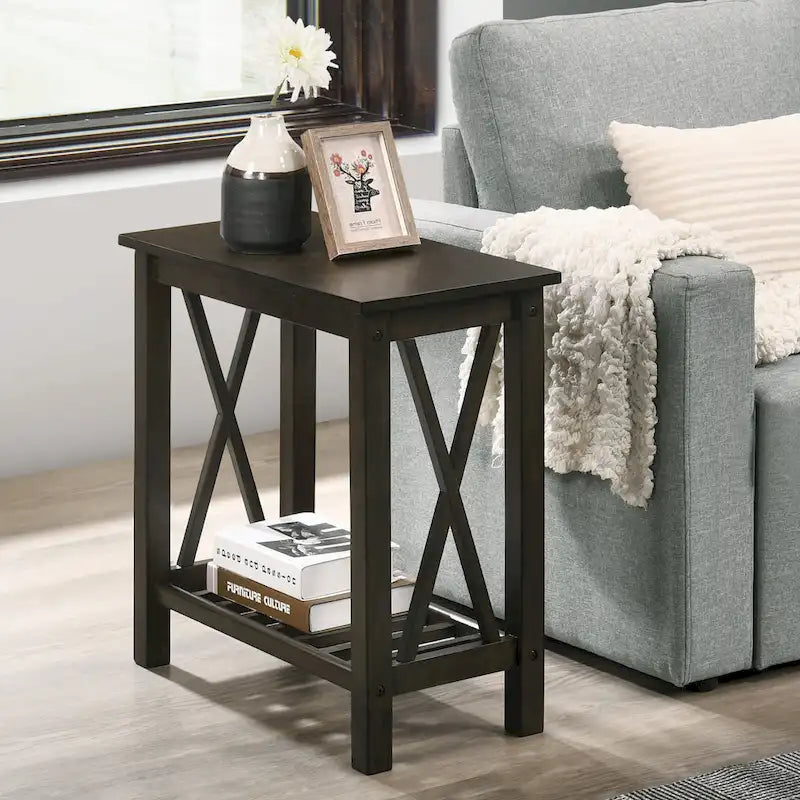 Table d'appoint de ferme avec accents en X, étagère inférieure à lattes en bois MDF