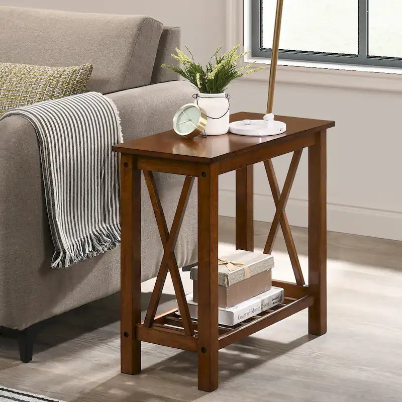 Table d'appoint de ferme avec accents en X, étagère inférieure à lattes en bois MDF