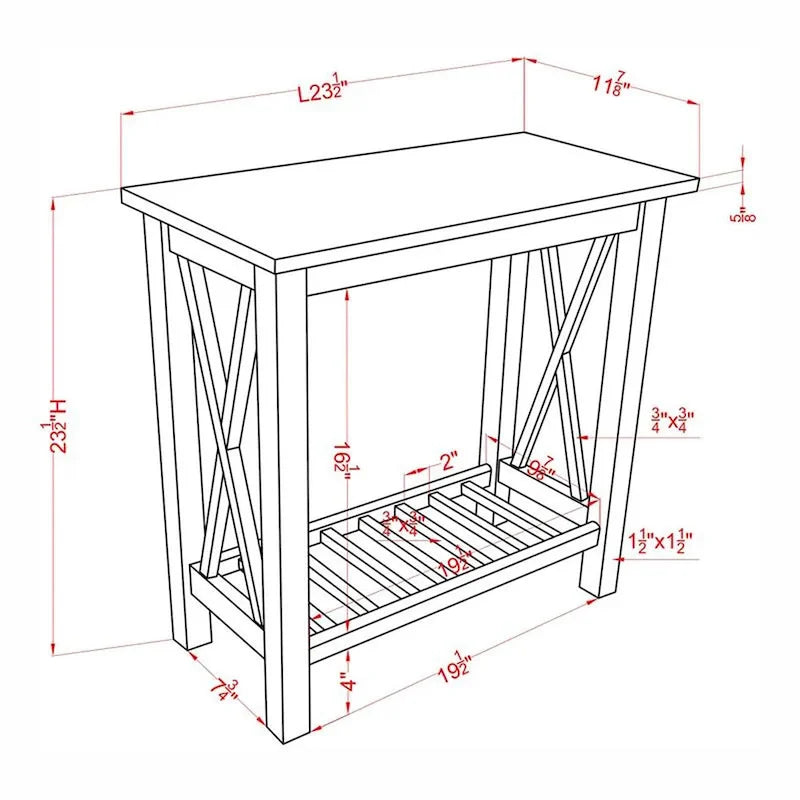 Table d'appoint de ferme avec accents en X, étagère inférieure à lattes en bois MDF