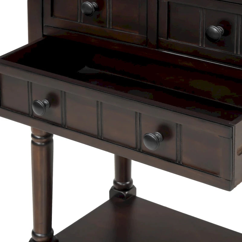 Console étroite trois tiroirs Étagère ouverte Pieds en bois massif vieilli