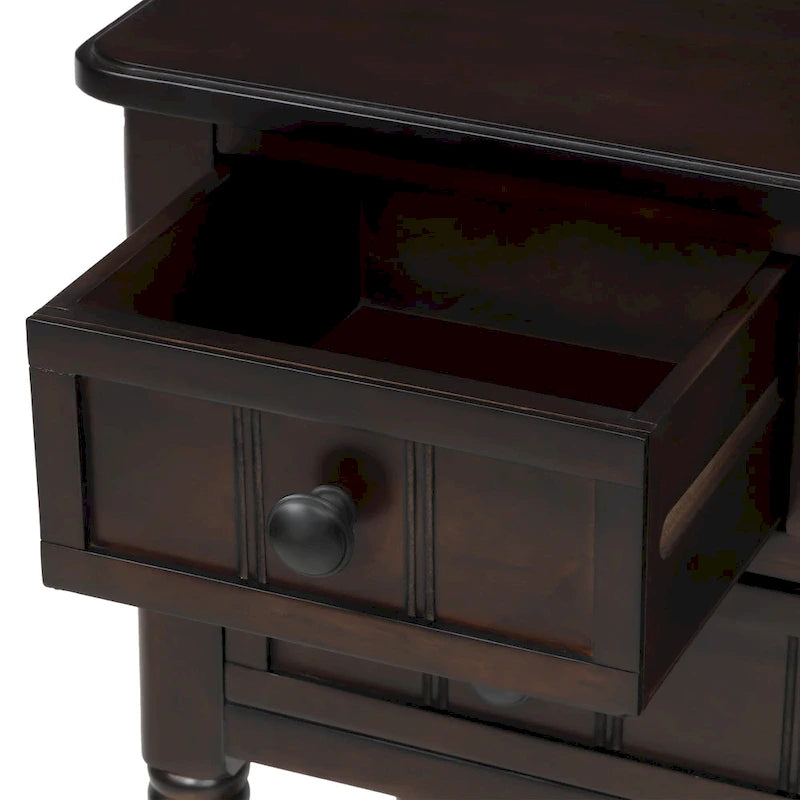 Console étroite trois tiroirs Étagère ouverte Pieds en bois massif vieilli