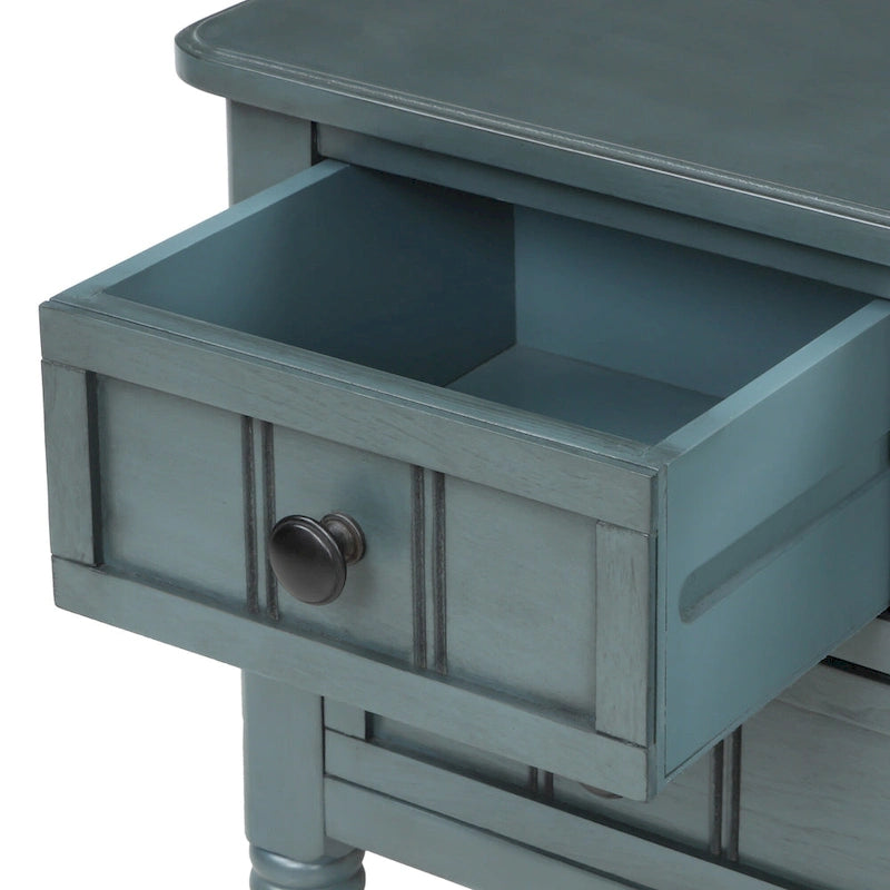 Console étroite trois tiroirs Étagère ouverte Pieds en bois massif vieilli