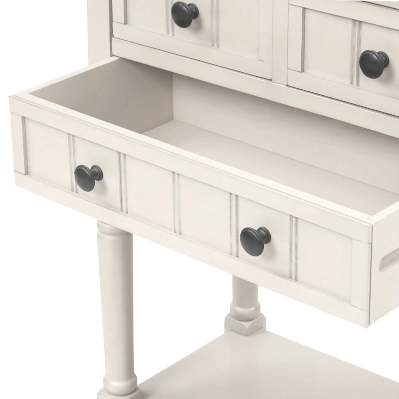Console étroite trois tiroirs Étagère ouverte Pieds en bois massif vieilli