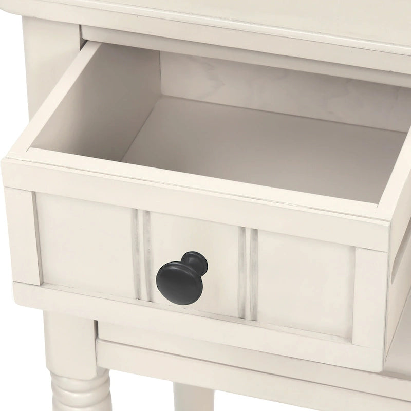 Console étroite trois tiroirs Étagère ouverte Pieds en bois massif vieilli