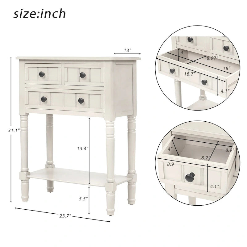 Console étroite trois tiroirs Étagère ouverte Pieds en bois massif vieilli