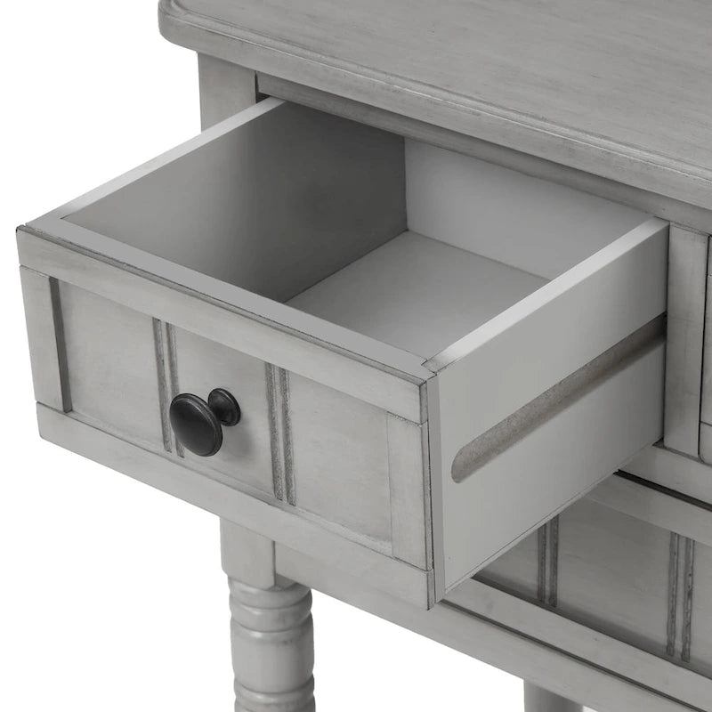 Console étroite trois tiroirs Étagère ouverte Pieds en bois massif vieilli