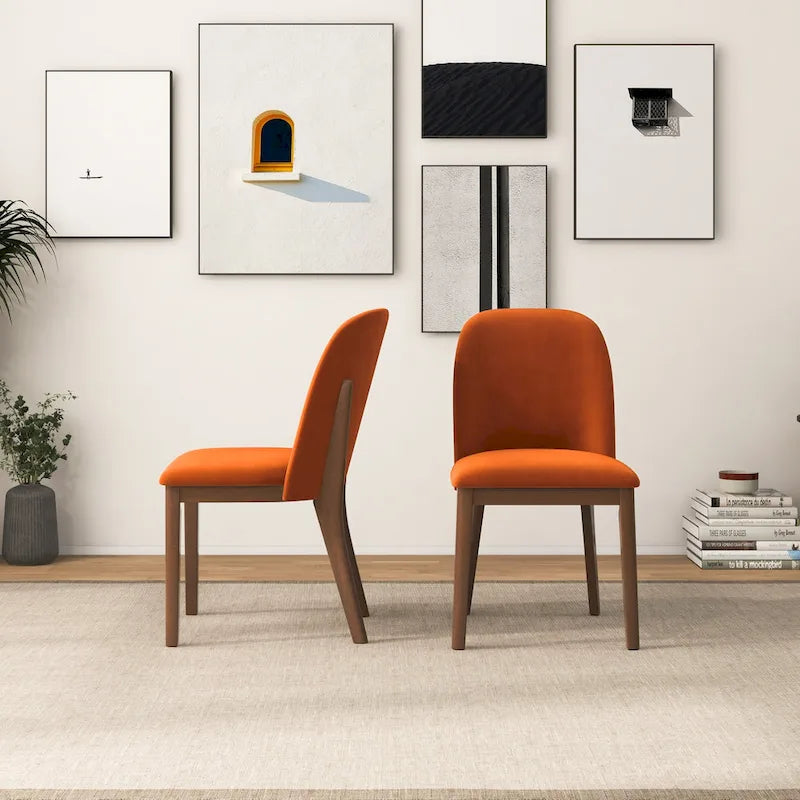 Chaise de salle à manger du milieu du siècle, dossier arqué, sans accoudoirs, pieds en bois massif, velours/lin