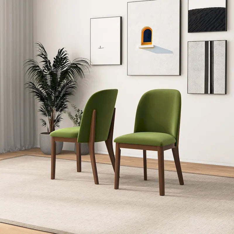 Chaise de salle à manger du milieu du siècle, dossier arqué, sans accoudoirs, pieds en bois massif, velours/lin