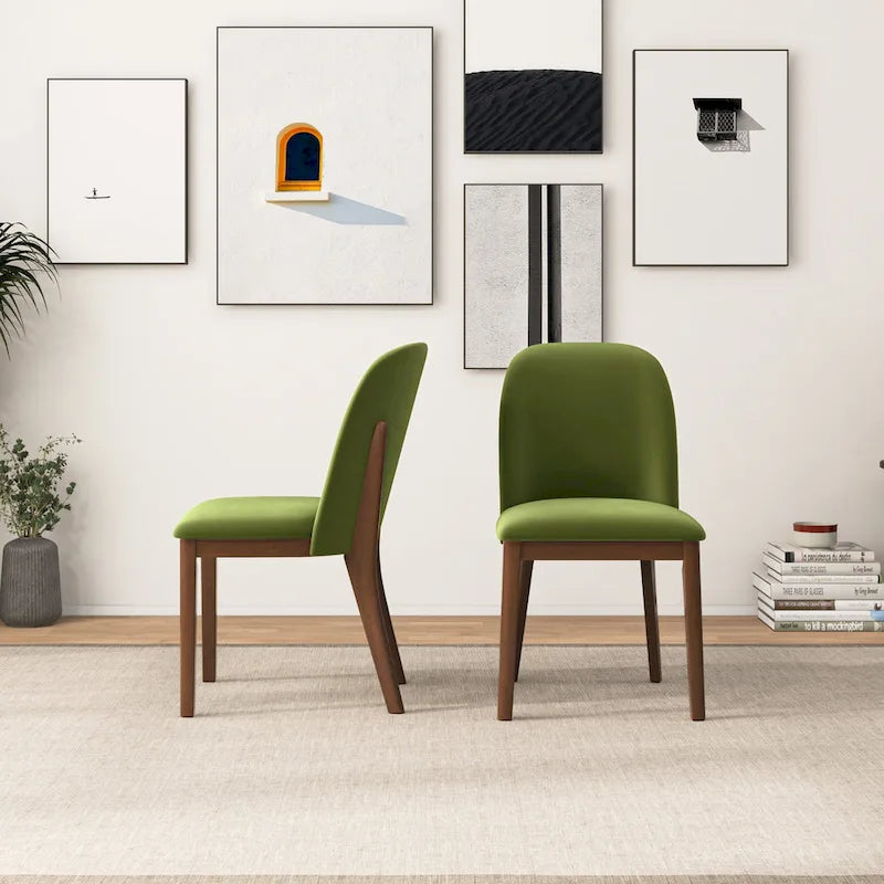 Chaise de salle à manger du milieu du siècle, dossier arqué, sans accoudoirs, pieds en bois massif, velours/lin
