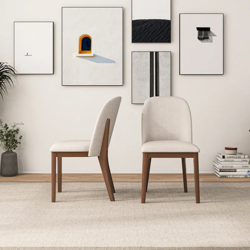 Chaise de salle à manger du milieu du siècle, dossier arqué, sans accoudoirs, pieds en bois massif, velours/lin