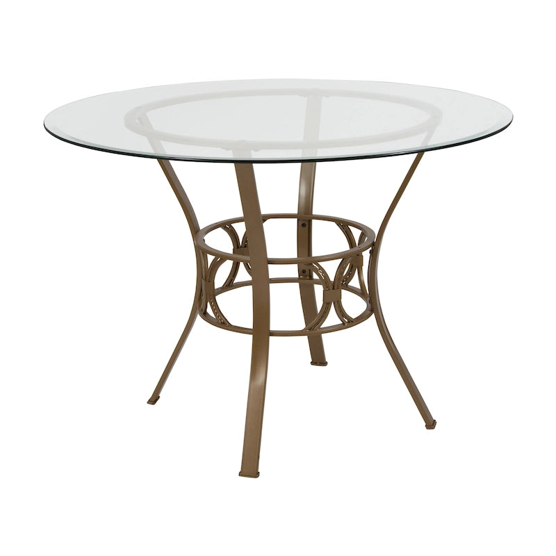 Table à manger ronde en verre trempé avec piédestal ornemental en forme de croissant et cadre en métal