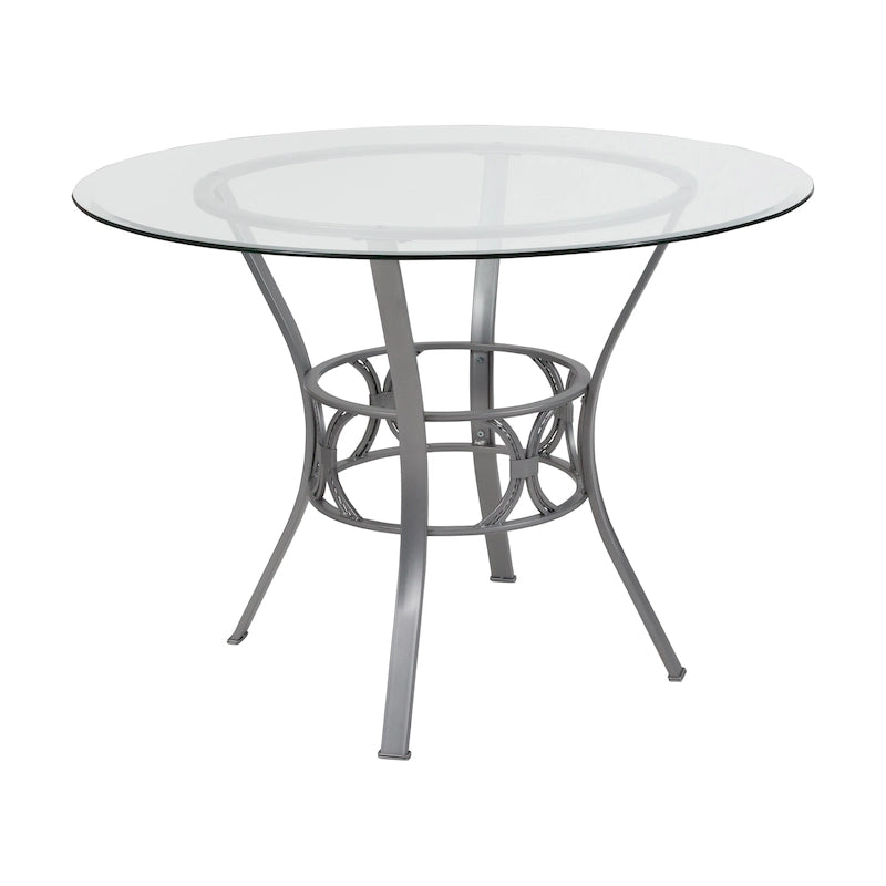 Table à manger ronde en verre trempé avec piédestal ornemental en forme de croissant et cadre en métal