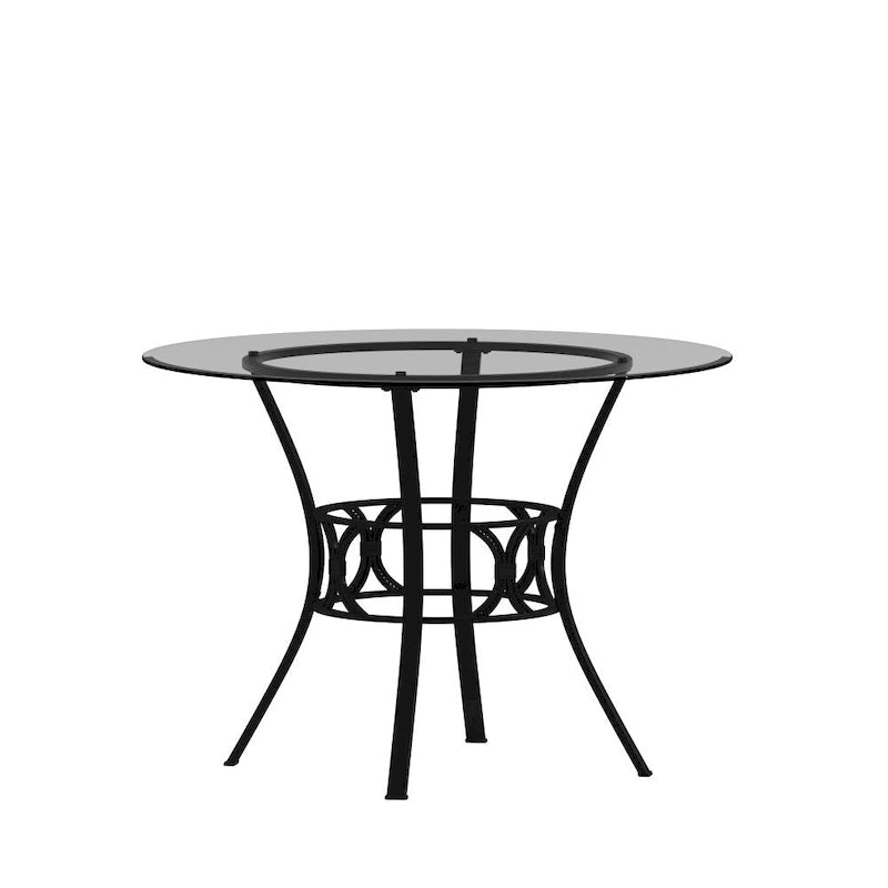 Table à manger ronde en verre trempé avec piédestal ornemental en forme de croissant et cadre en métal