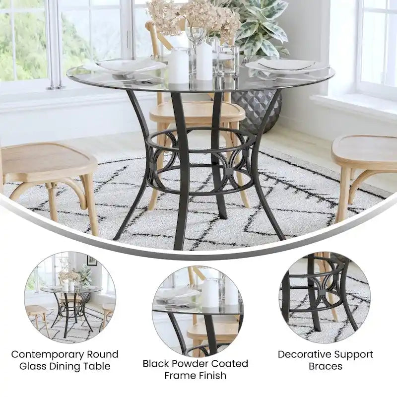 Table à manger ronde en verre trempé avec piédestal ornemental en forme de croissant et cadre en métal