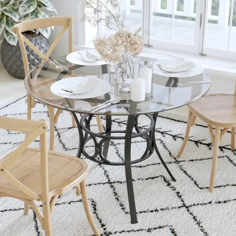 Table à manger ronde en verre trempé avec piédestal ornemental en forme de croissant et cadre en métal