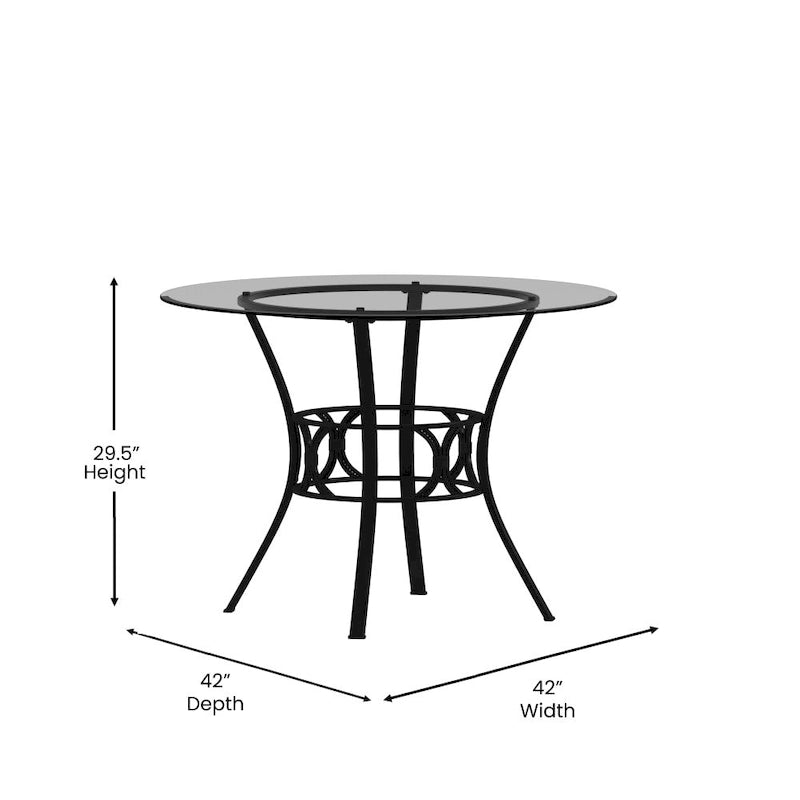 Table à manger ronde en verre trempé avec piédestal ornemental en forme de croissant et cadre en métal