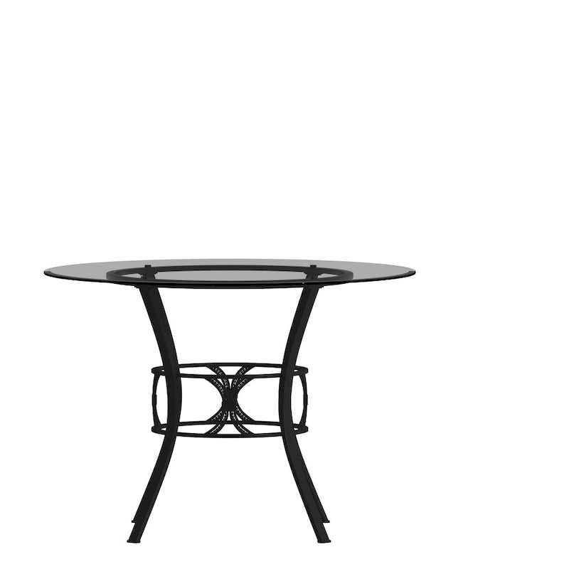 Table à manger ronde en verre trempé avec piédestal ornemental en forme de croissant et cadre en métal