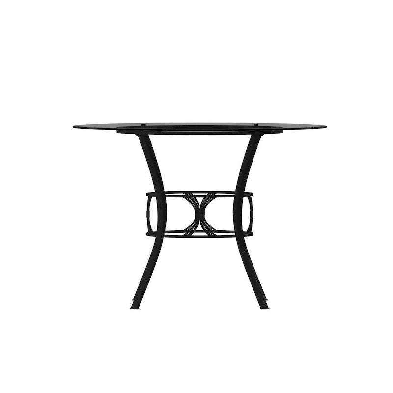 Table à manger ronde en verre trempé avec piédestal ornemental en forme de croissant et cadre en métal