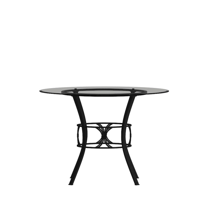 Table à manger ronde en verre trempé avec piédestal ornemental en forme de croissant et cadre en métal