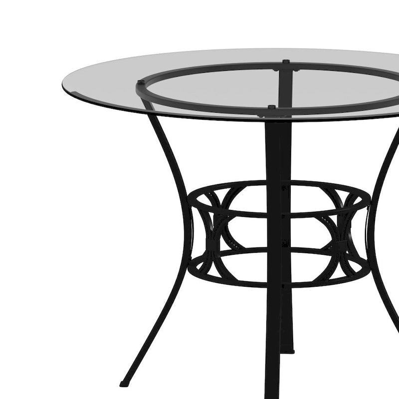 Table à manger ronde en verre trempé avec piédestal ornemental en forme de croissant et cadre en métal