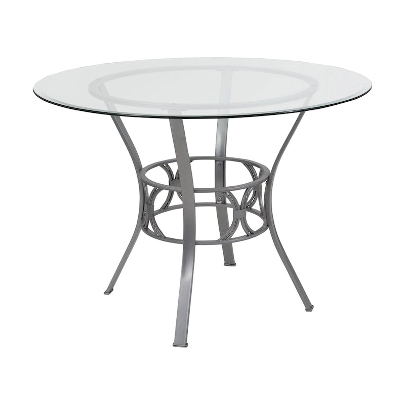Table à manger ronde en verre trempé avec piédestal ornemental en forme de croissant et cadre en métal