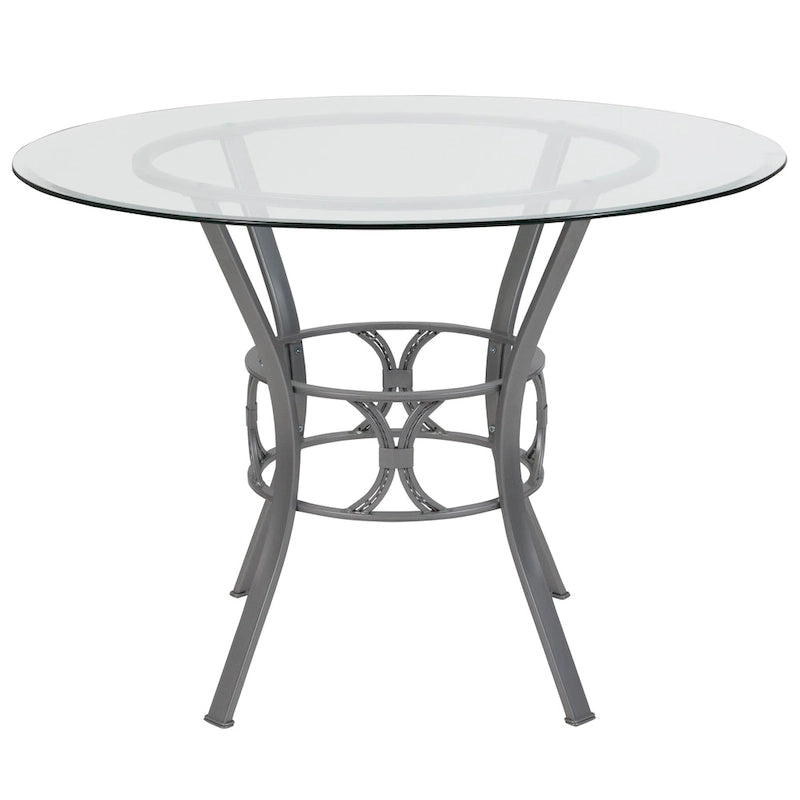 Table à manger ronde en verre trempé avec piédestal ornemental en forme de croissant et cadre en métal