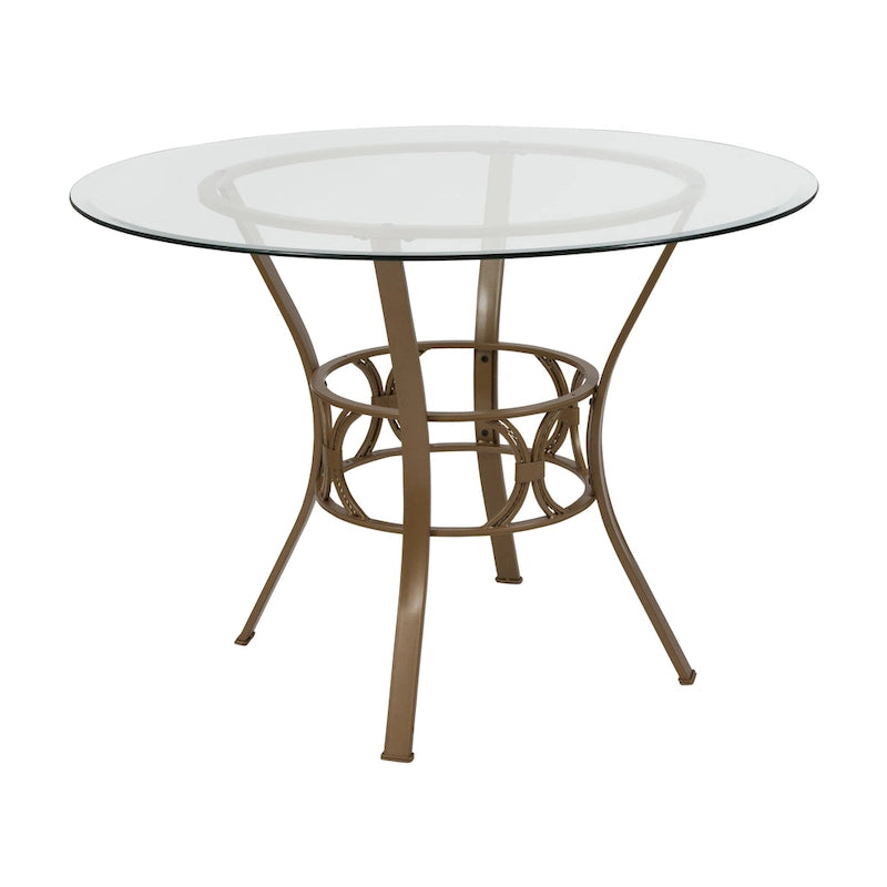 Table à manger ronde en verre trempé avec piédestal ornemental en forme de croissant et cadre en métal