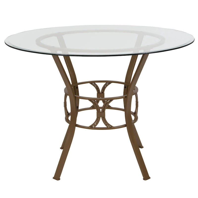 Table à manger ronde en verre trempé avec piédestal ornemental en forme de croissant et cadre en métal