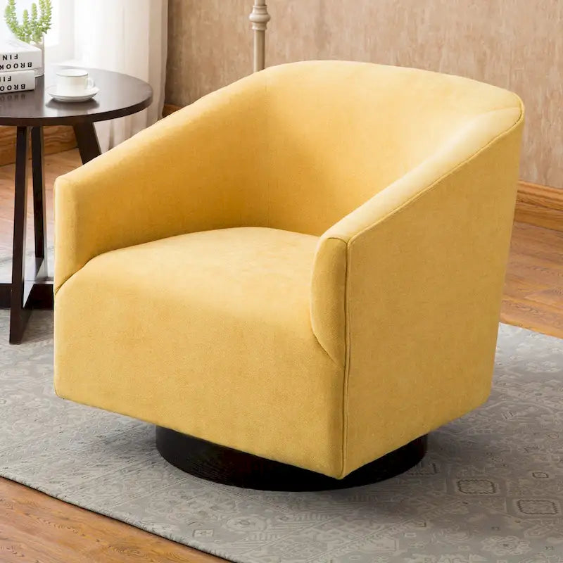 Fauteuil d'appoint pivotant à dossier rond en tissu polyester noir avec piètement rond en bois